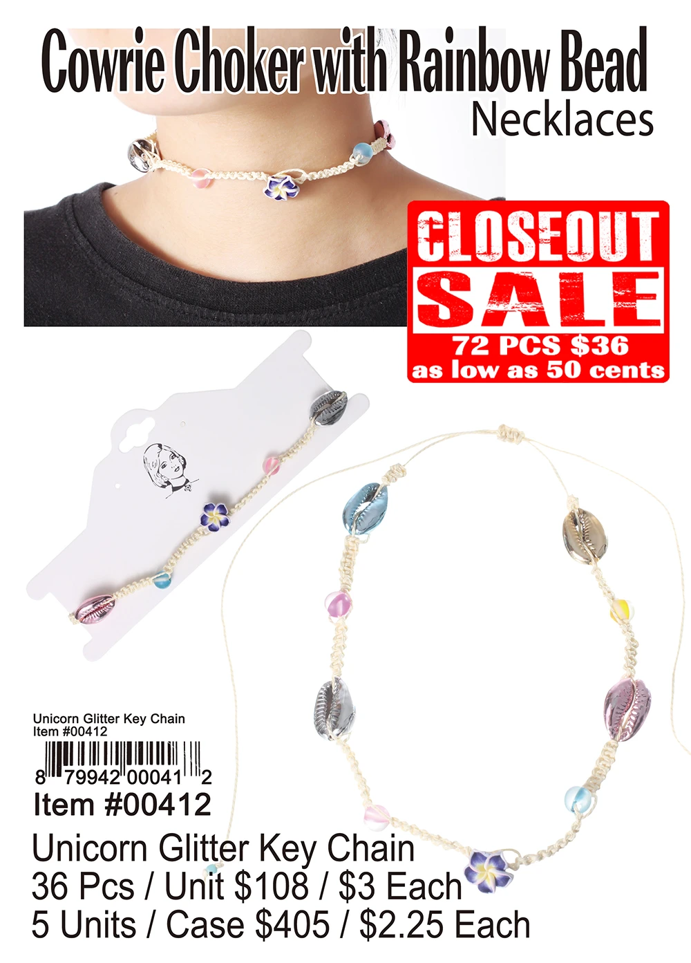 Cowrie Choker with Rainbow Bead Necklaces - Closeout 72 Pcs.